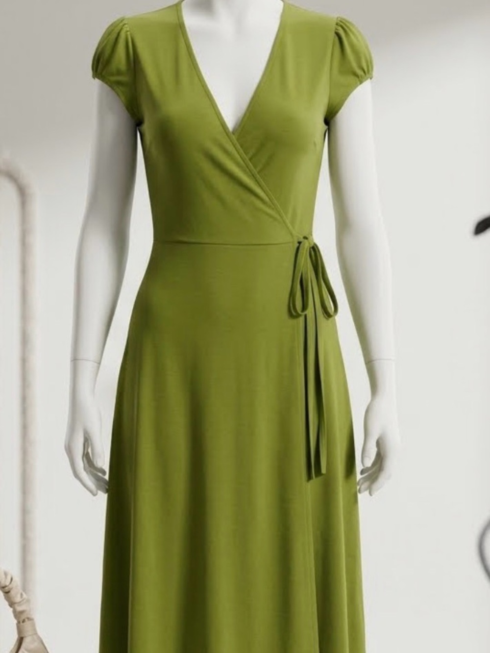 Olive Green Wrap Midi Dress with Tie Waist